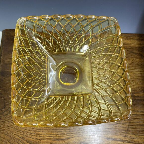 LE Smith Footed Trellis Square Compote Bowl Vase Weave Yellow Glass LARGE‎ 8.5"H - Picture 5 of 14